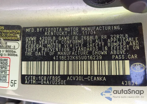 2005 Toyota Camry Le из США, поврежденный, VIN 4T1BE32K65U016239